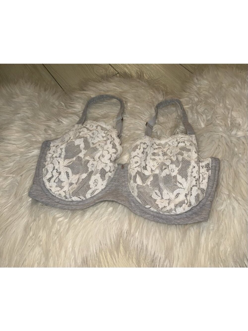 Le Mystere Cotton Touch Unlined Demi Bra Lace UW Womens 36DDD/F Gray White